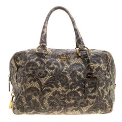 Prada Beige Talco Lace Print Cervo Leather Bowling Bag at 1stDibs