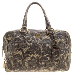 Prada Beige Talco Lace Print Cervo Leather Bowling Bag