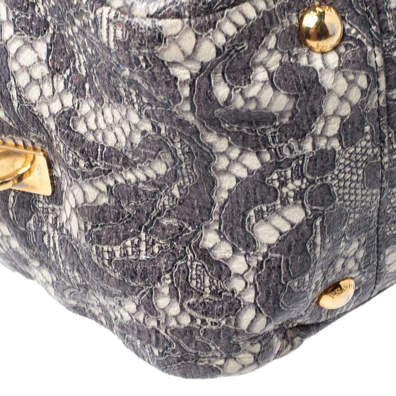 Prada Beige Talco Lace Print Leather Cervo Bowling Bag 2