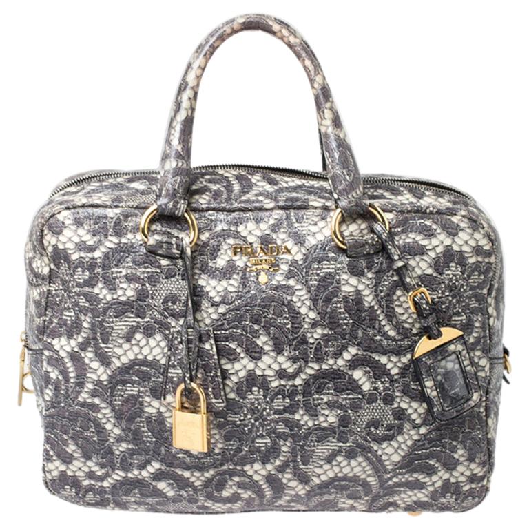 Prada Beige Talco Lace Print Leather Cervo Bowling Bag