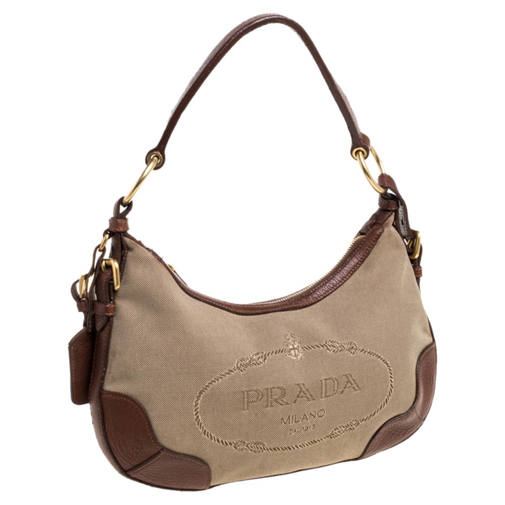 Prada Beige Tan Logo Jacquard Canvas and Leather Hobo