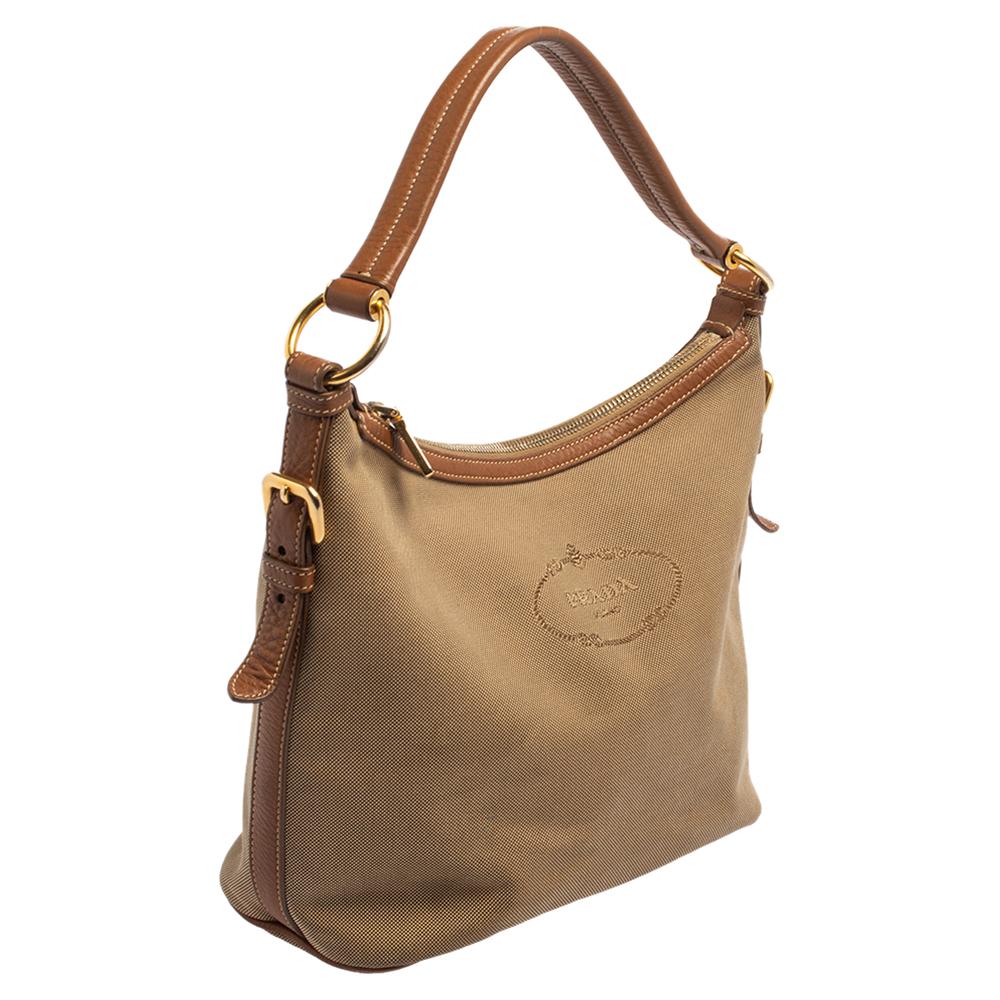 Brown Prada Beige/Tan Logo Jacquard Canvas and Leather Hobo