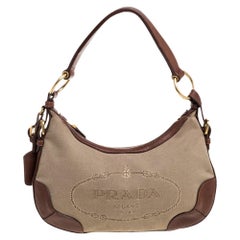 Prada Beige/Braune Logo-Jacquard-Handtasche aus Segeltuch und Leder