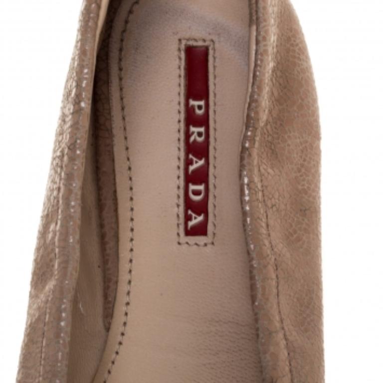 Prada Beige Textured Leather Bow Ballet Flats Size 37 For Sale 1