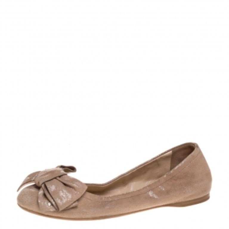 Prada Beige Textured Leather Bow Ballet Flats Size 37 For Sale 2