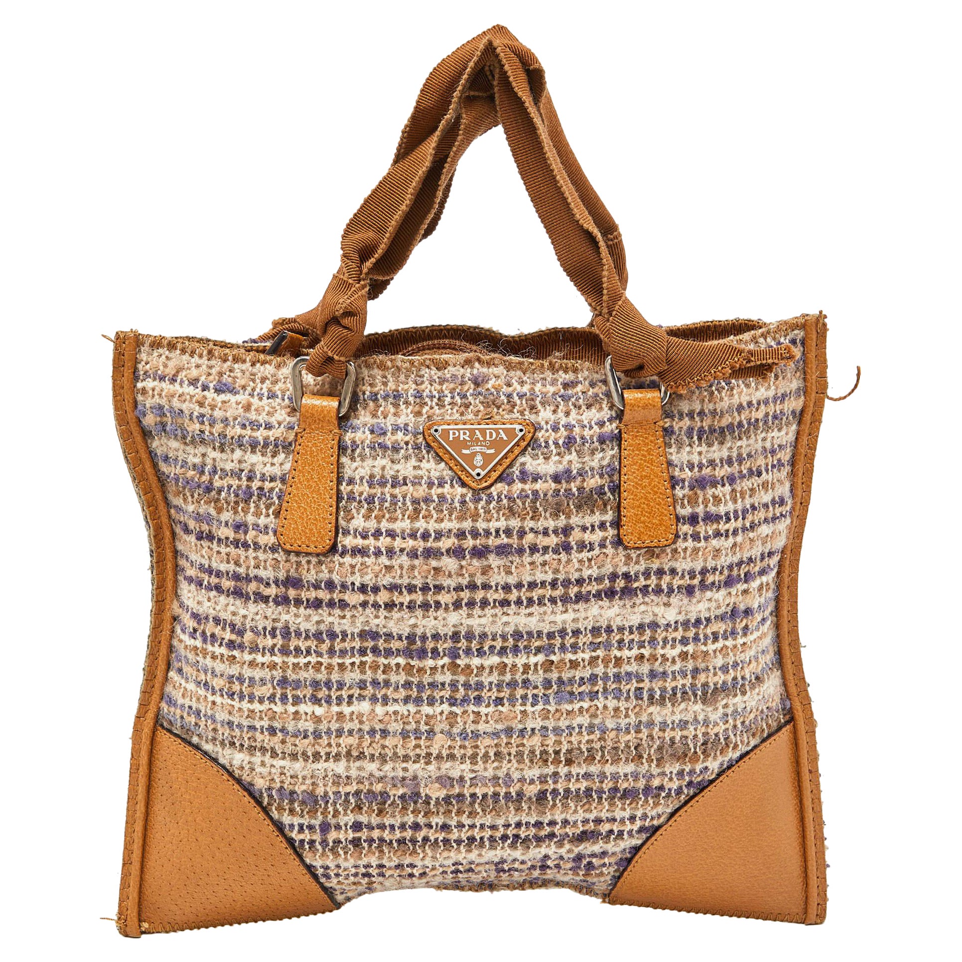 Prada Beige Tweed and Leather Stuoia Tote