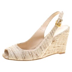 Prada Beige Tweed Fabric Peep Toe Slingback Wedge Sandals Size 40