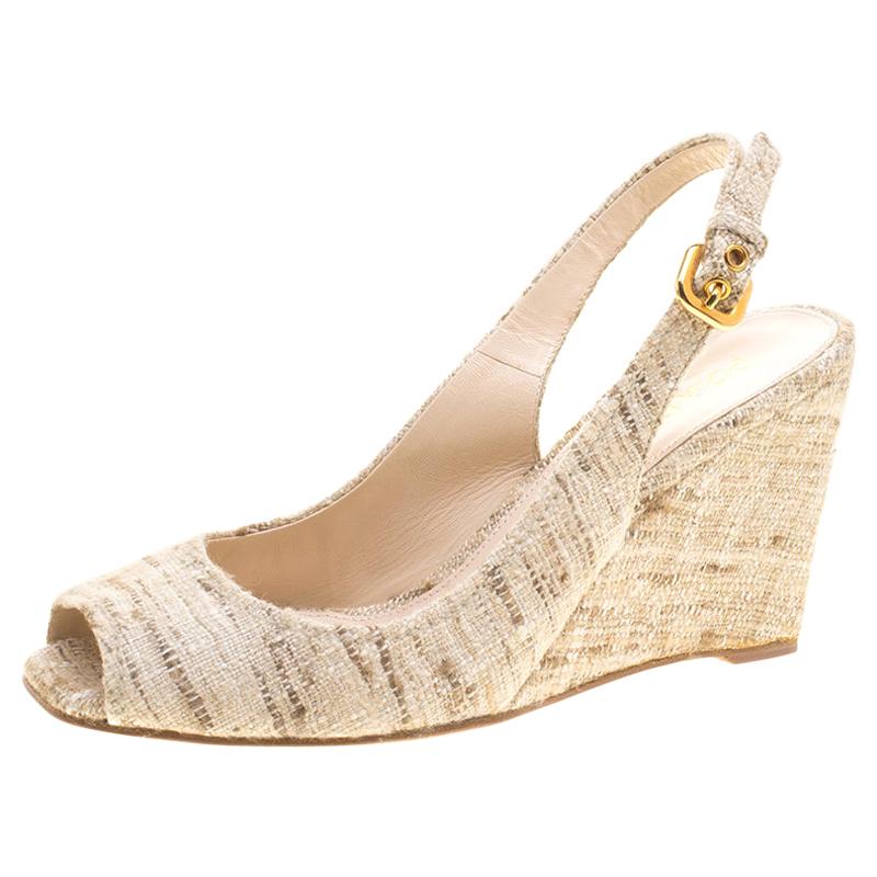 Prada Beige Tweed Fabric Peep Toe Slingback Wedge Sandals Size 40