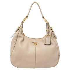 Prada Beige Vitello Daino Cuir Zip Top Hobo