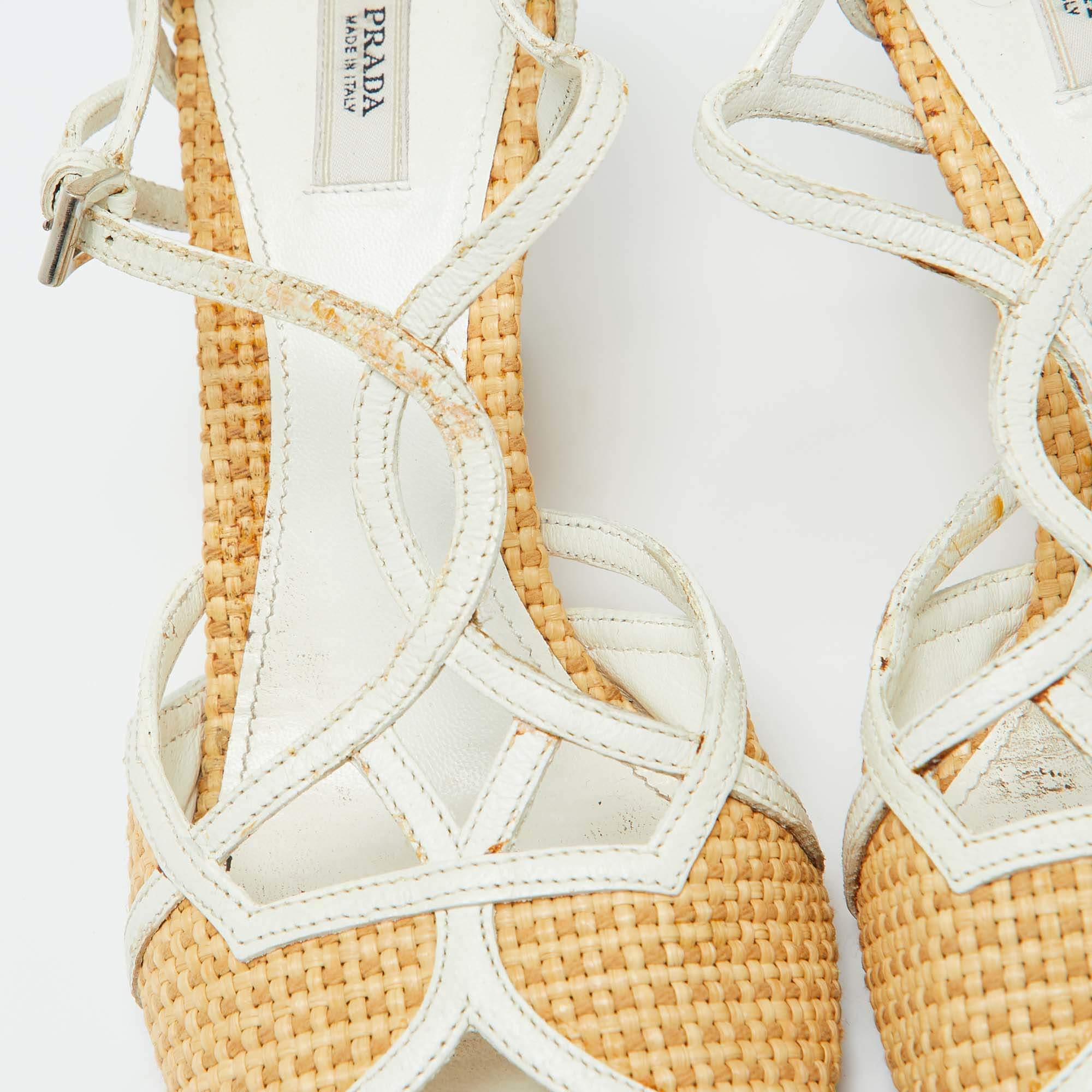 Women's Prada Beige/White Raffia and Leather Wedge Sandals Size 38
