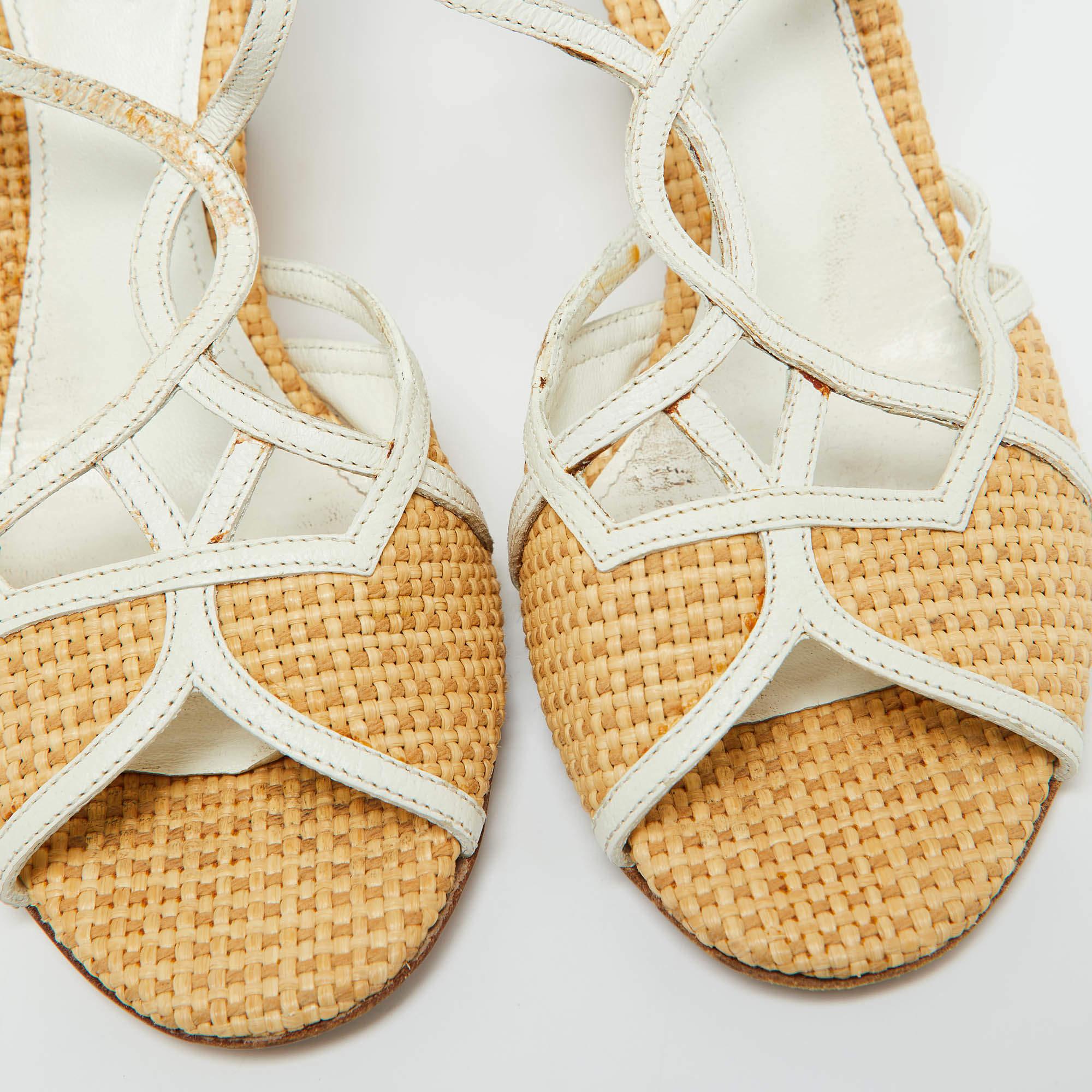 Prada Beige/White Raffia and Leather Wedge Sandals Size 38 1