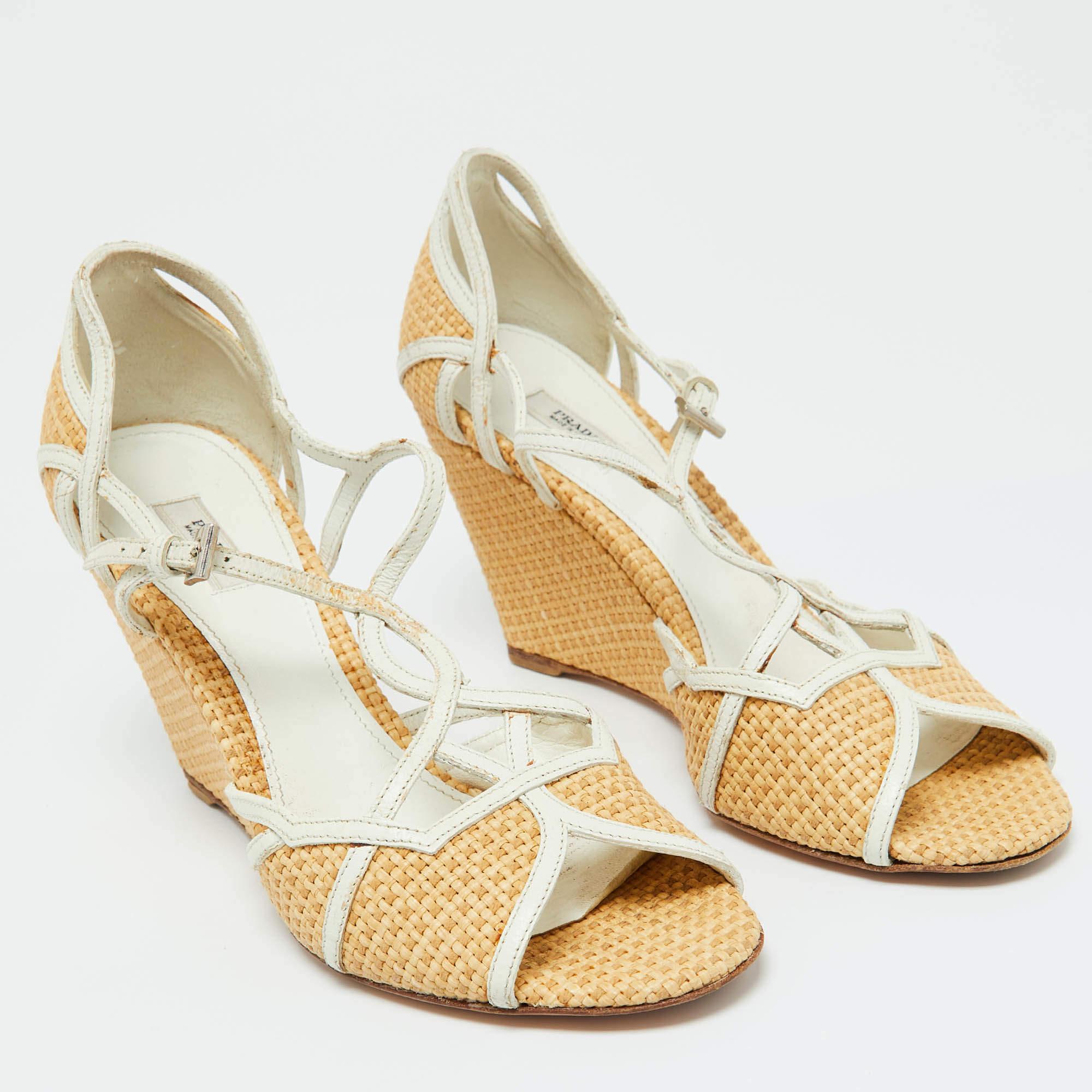 Prada Beige/White Raffia and Leather Wedge Sandals Size 38 2