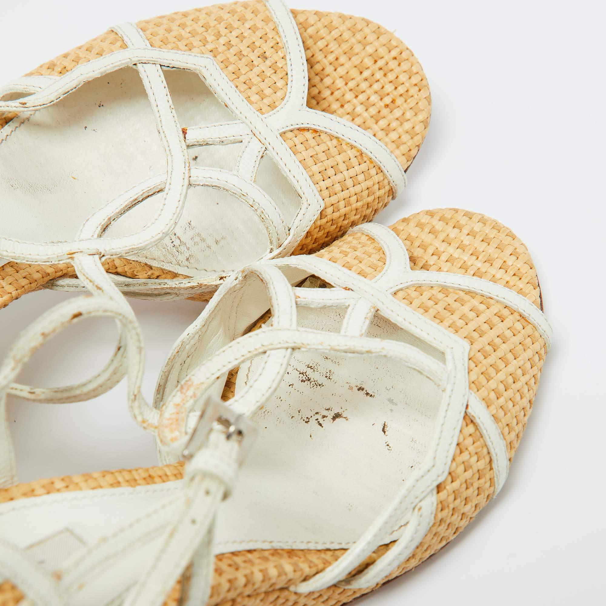 Prada Beige/White Raffia and Leather Wedge Sandals Size 38 3