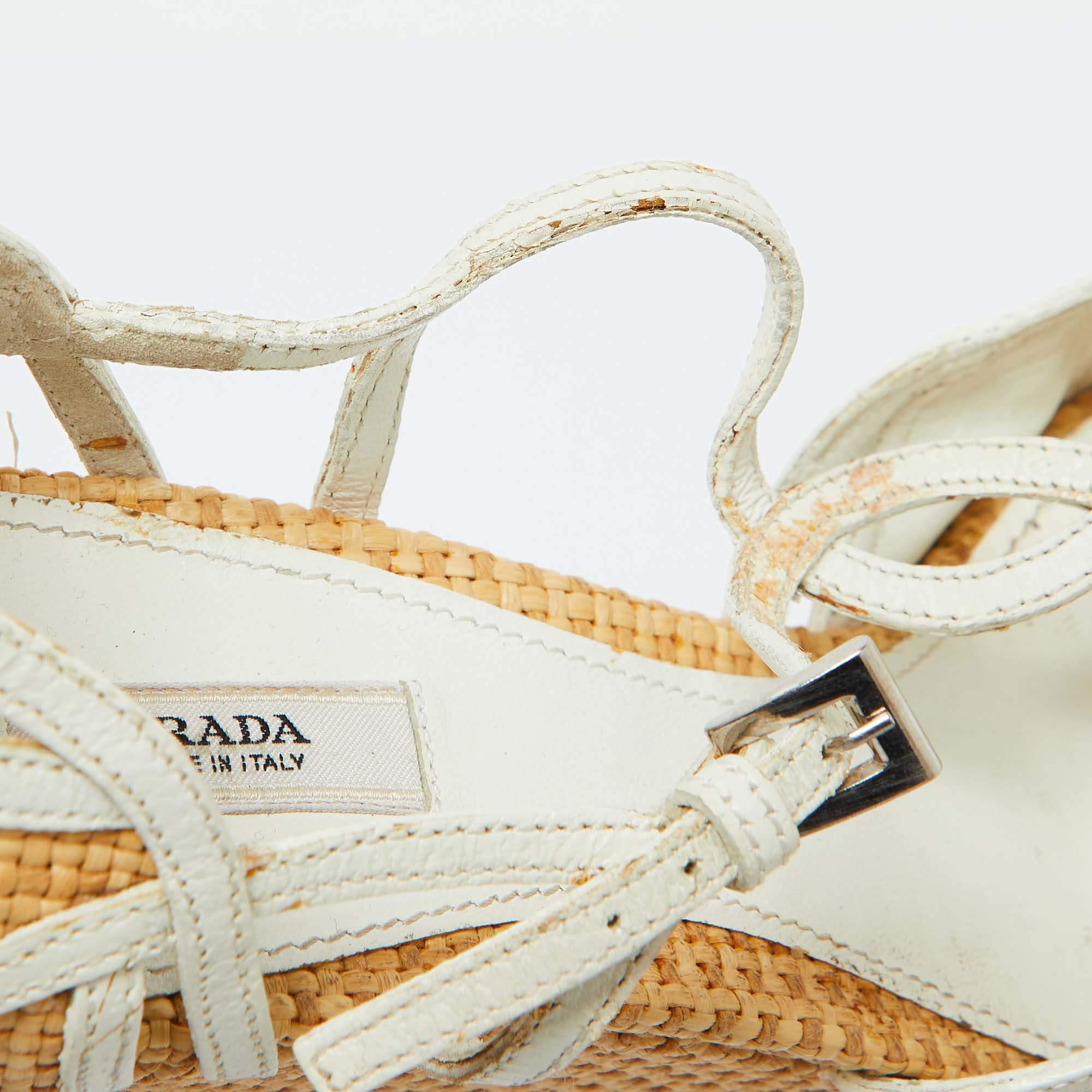 Prada Beige/White Raffia and Leather Wedge Sandals Size 38 4