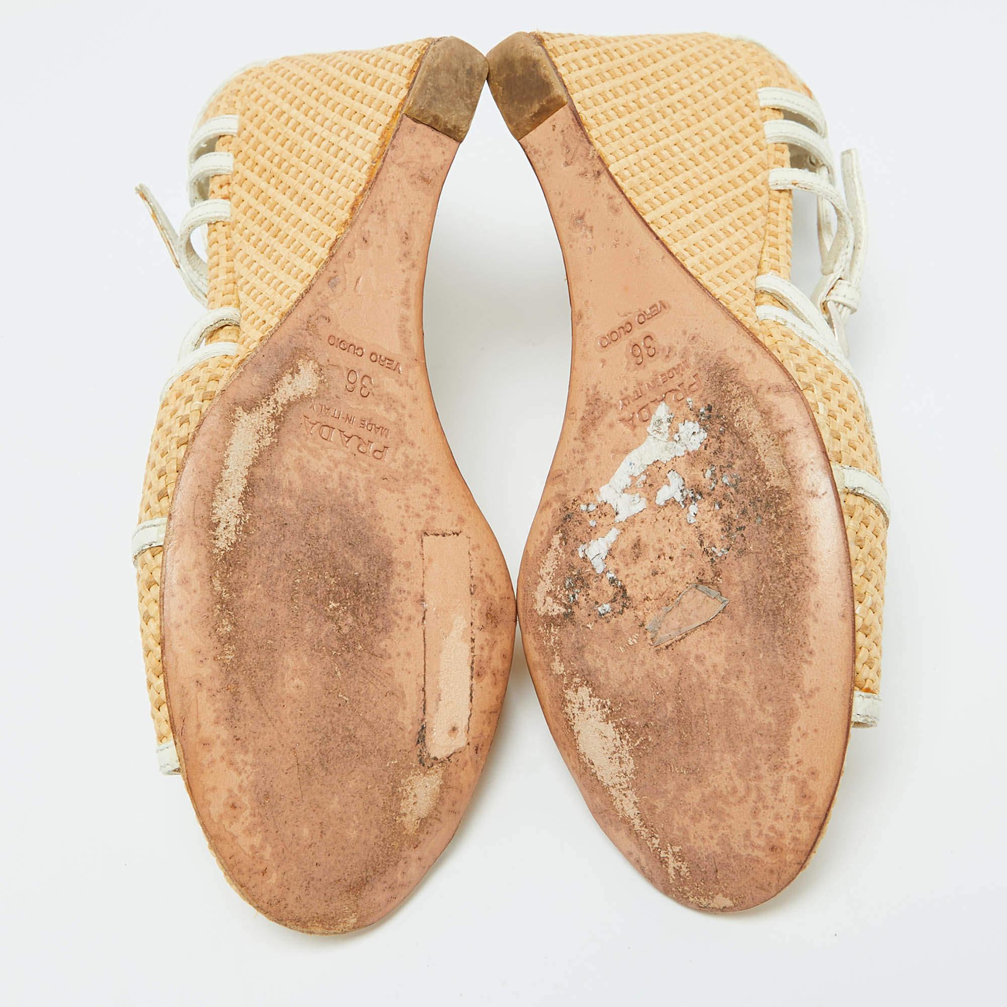 Prada Beige/White Raffia and Leather Wedge Sandals Size 38 5