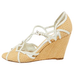 Prada Beige/White Raffia and Leather Wedge Sandals Size 38