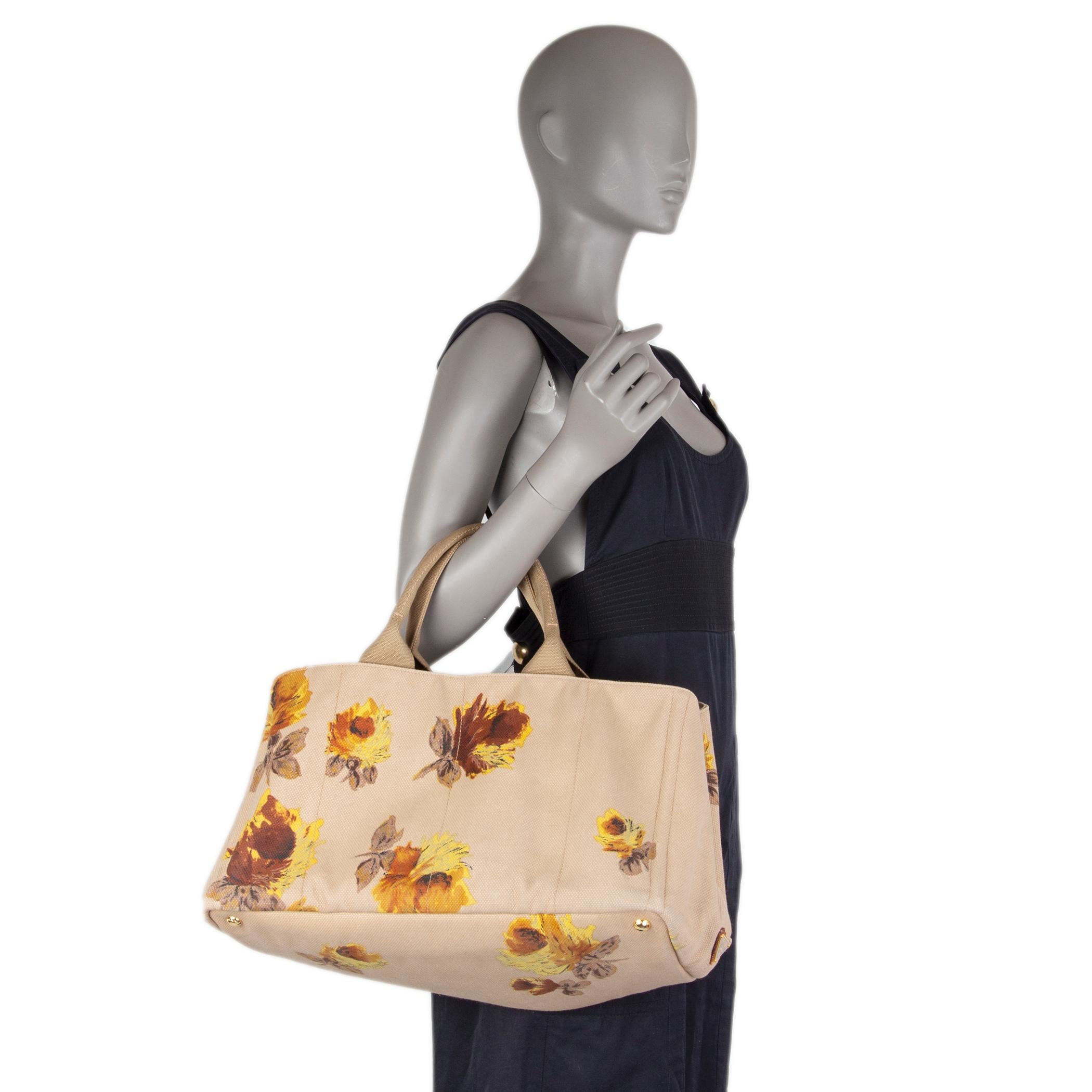 Women's PRADA beige & yellow FLORAL canvas CANAPA Tote Bag