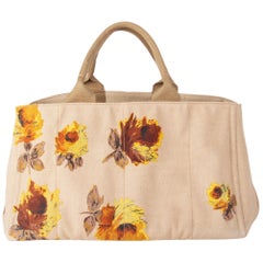 PRADA beige & yellow FLORAL canvas CANAPA Tote Bag