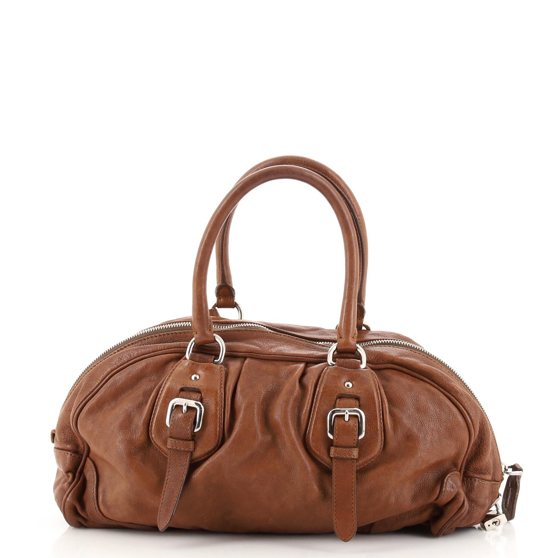 Brown Prada Belted Bowling Bag Washed Leather Medium