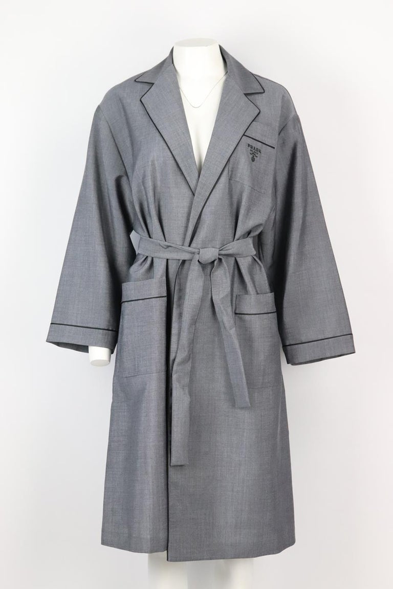 Prada Belted Logo Embroidered Wool Blend Robe Xsmall For Sale at 1stDibs