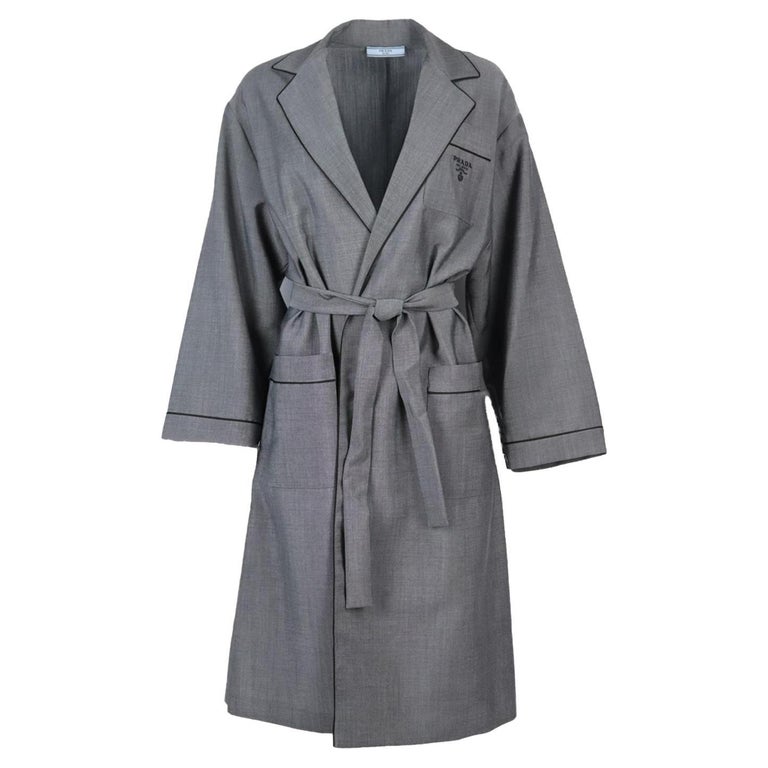 Prada Belted Logo Embroidered Wool Blend Robe Xsmall For Sale at 1stDibs