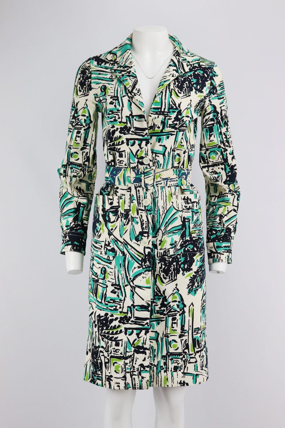 Prada belted printed stretch cotton trench coat. Multicoloured. Long sleeve, v-neck. Button fastening at front. 98% Cotton, 2% elastane. Size: IT 38 (UK 6, US 2, FR 34). Shoulder to shoulder: 15.25 in. Bust: 36.4 in. Waist: 33 in. Hips: 36.4 in.