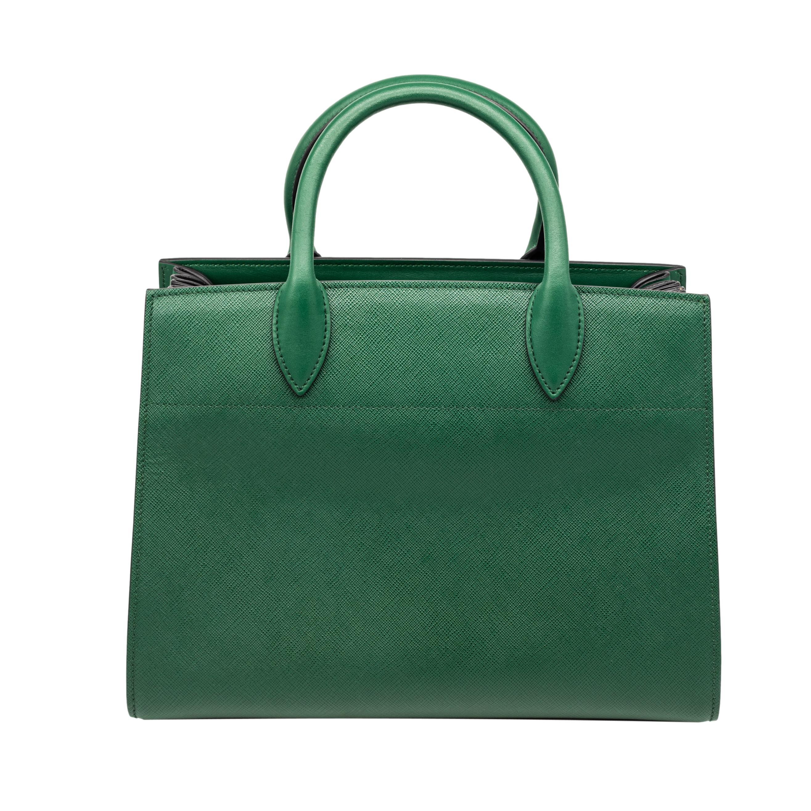 Prada Bibliotheque Biliardo Green Saffiano Leather Top Handle Crossbody City Bag In Good Condition In Banner Elk, NC