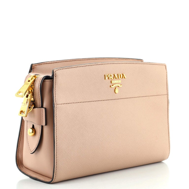 PRADA Bandoliera Bruyere pink saffiano leather gold logo crossbody camera  bag at 1stDibs