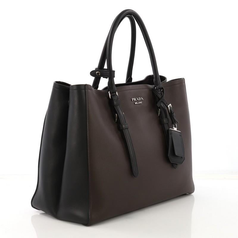 Black Prada Bicolor Cuir Covered Strap Double Tote City Calfskin Medium