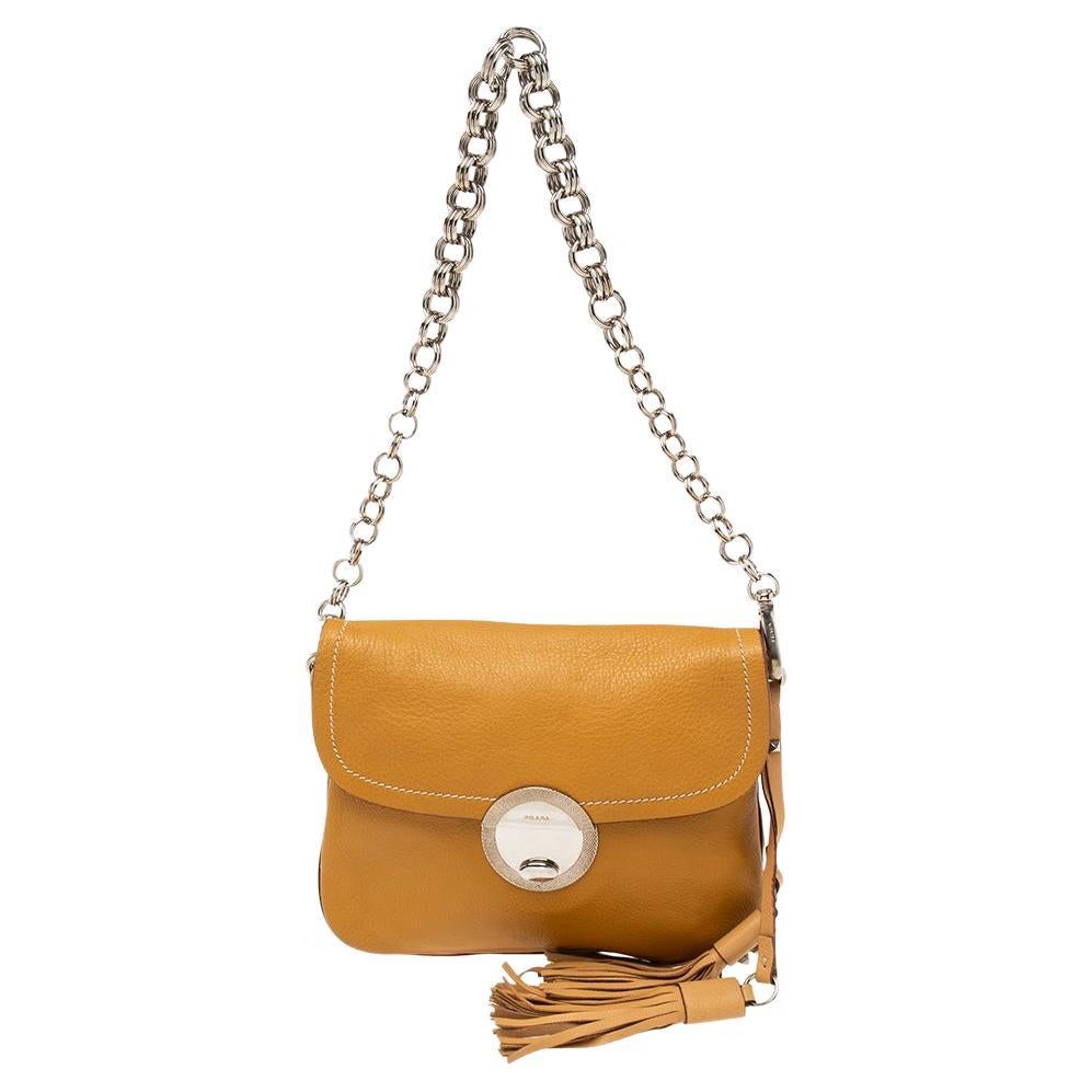 Prada Biscotti Beige Leather Tassel Chain Baguette Bag