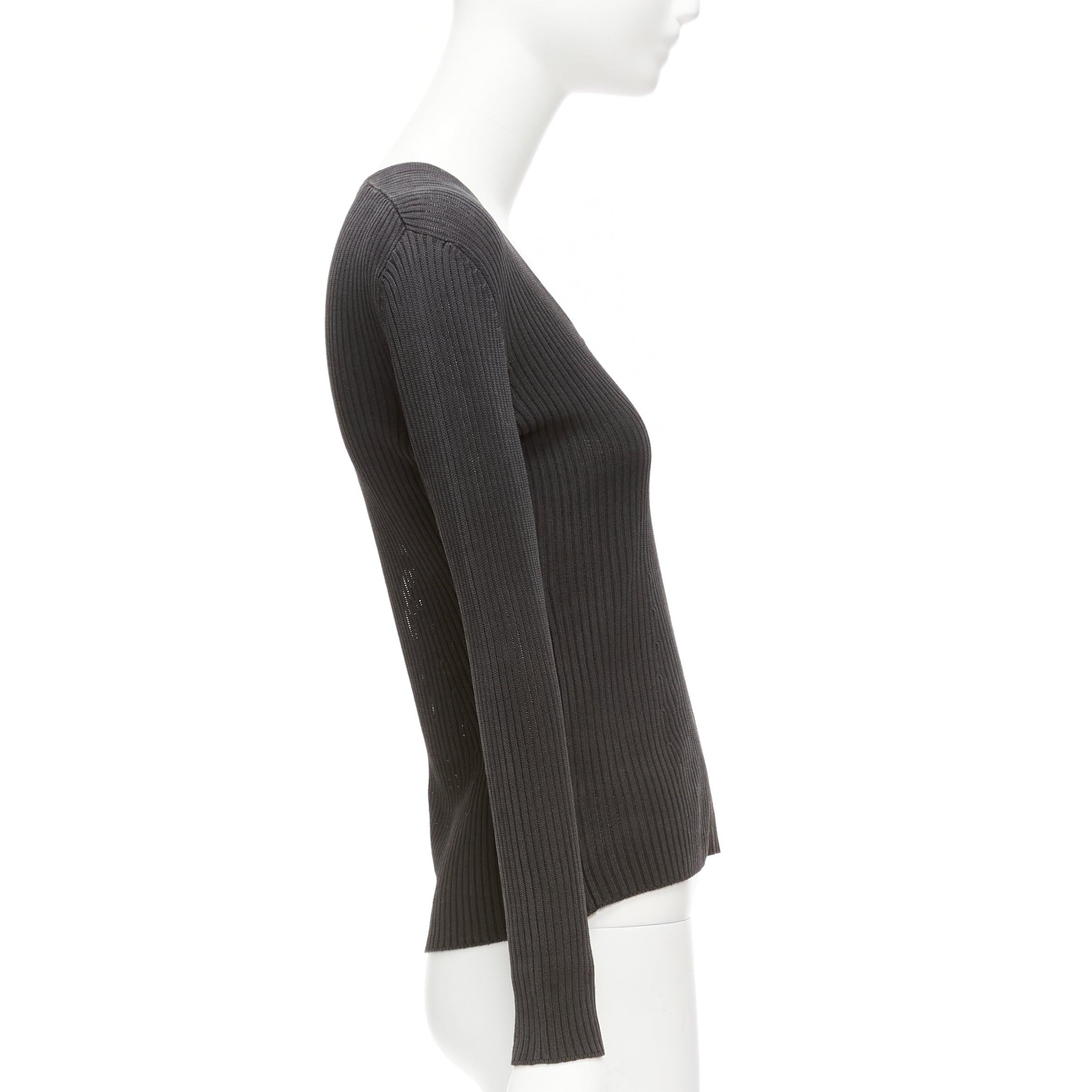 Women's PRADA black 100% silk classic minimal ribbed Vneck long sleeve top IT42 M For Sale