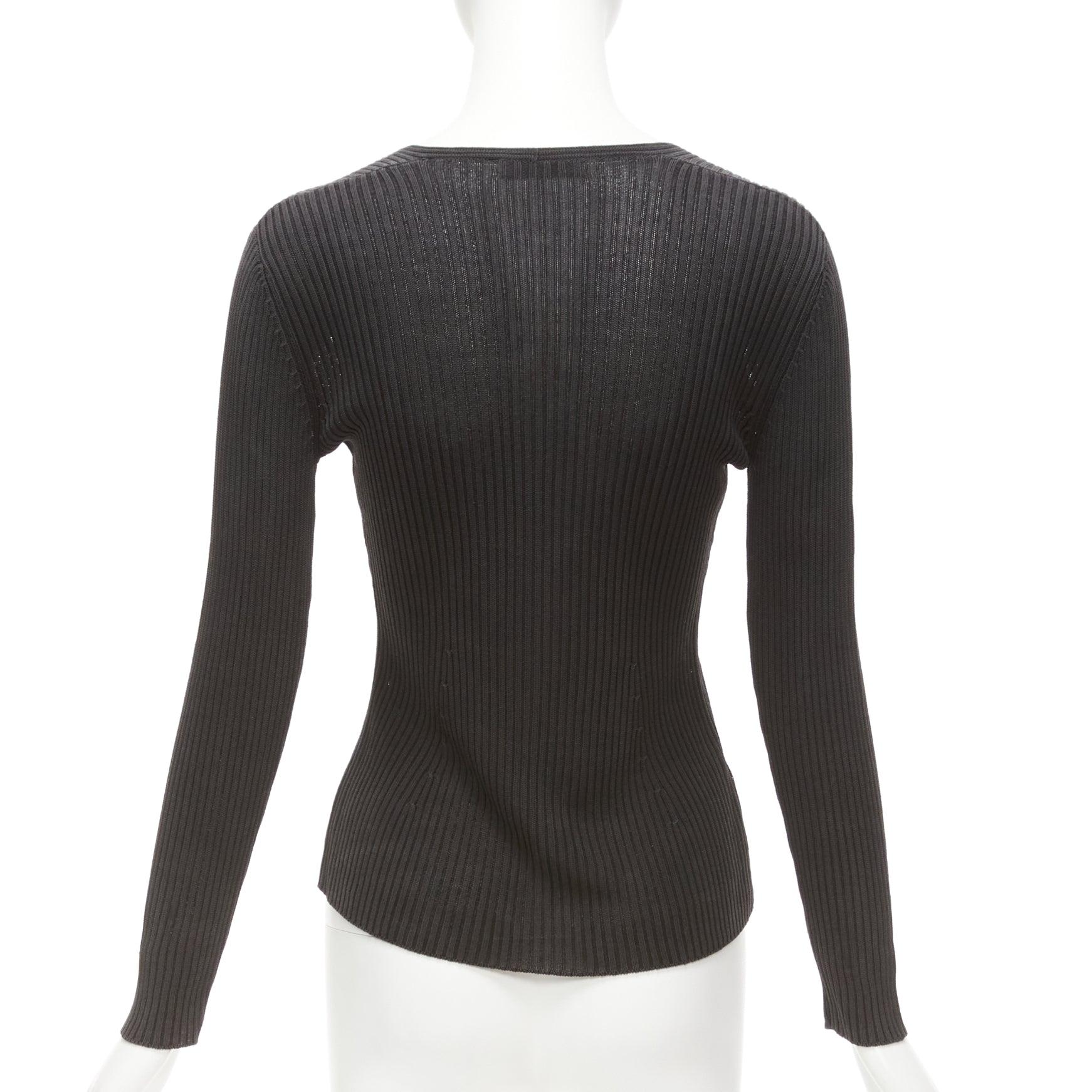 PRADA black 100% silk classic minimal ribbed Vneck long sleeve top IT42 M For Sale 1