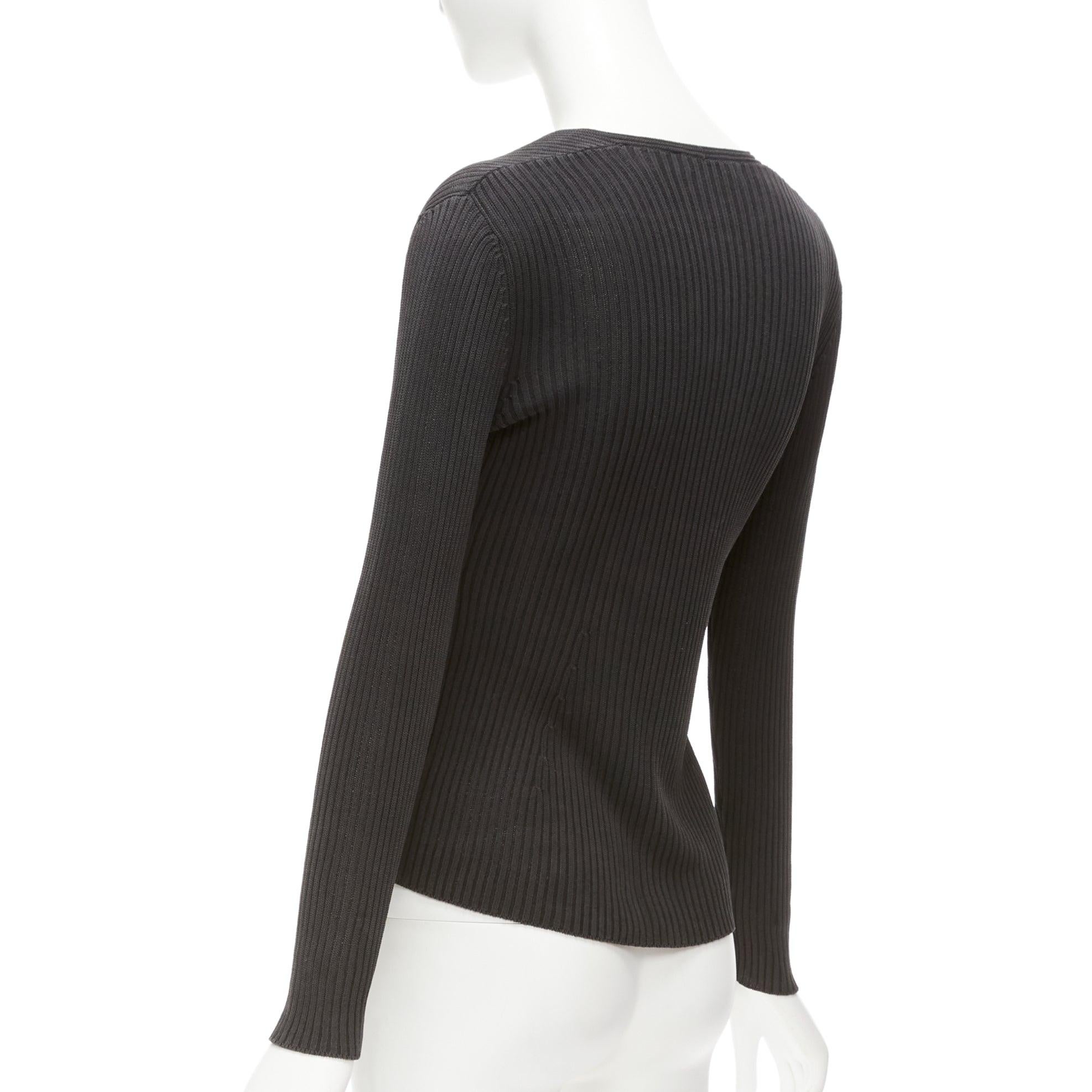 PRADA black 100% silk classic minimal ribbed Vneck long sleeve top IT42 M For Sale 2