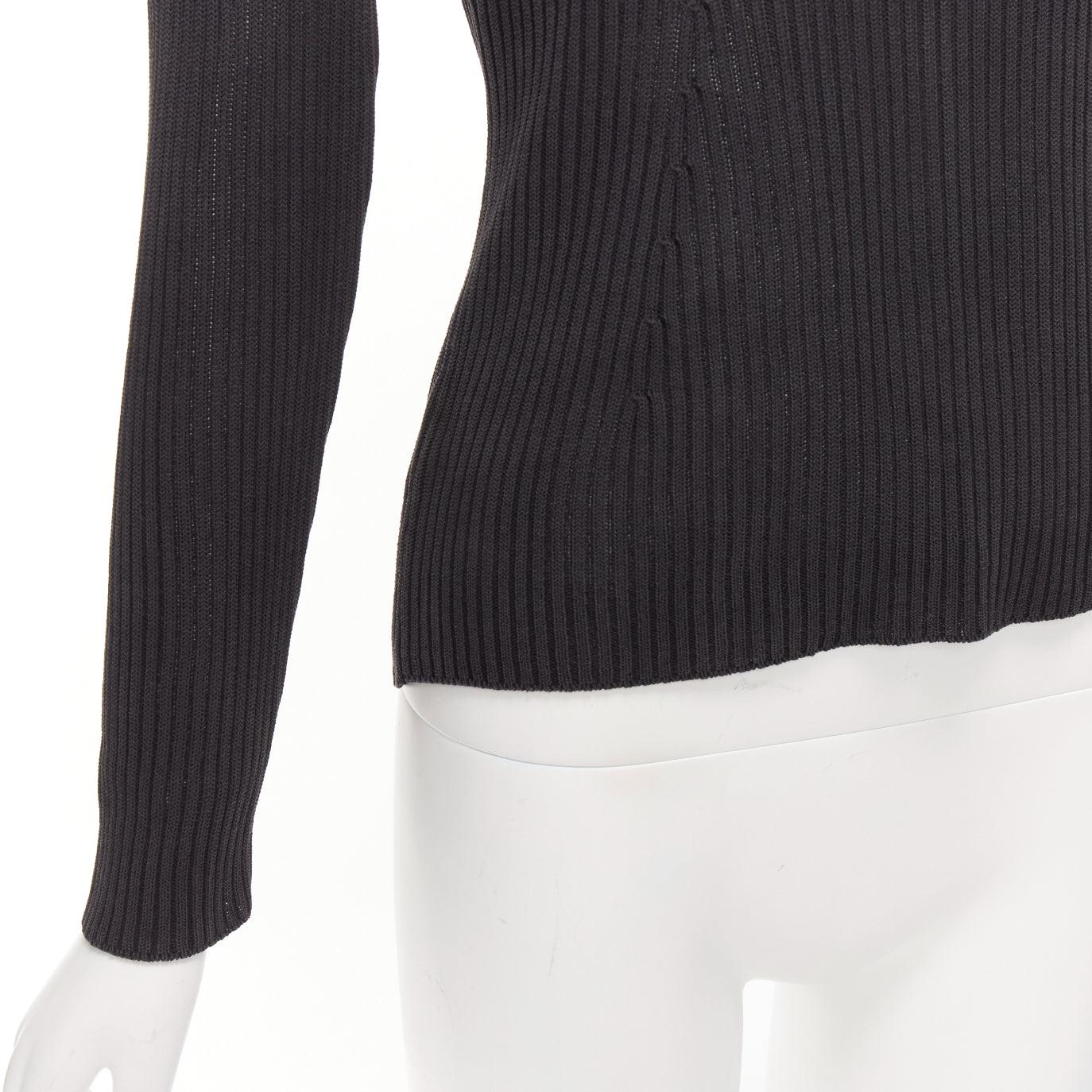 PRADA black 100% silk classic minimal ribbed Vneck long sleeve top IT42 M For Sale 3