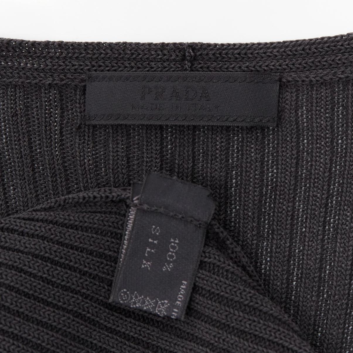 PRADA black 100% silk classic minimal ribbed Vneck long sleeve top IT42 M For Sale 4