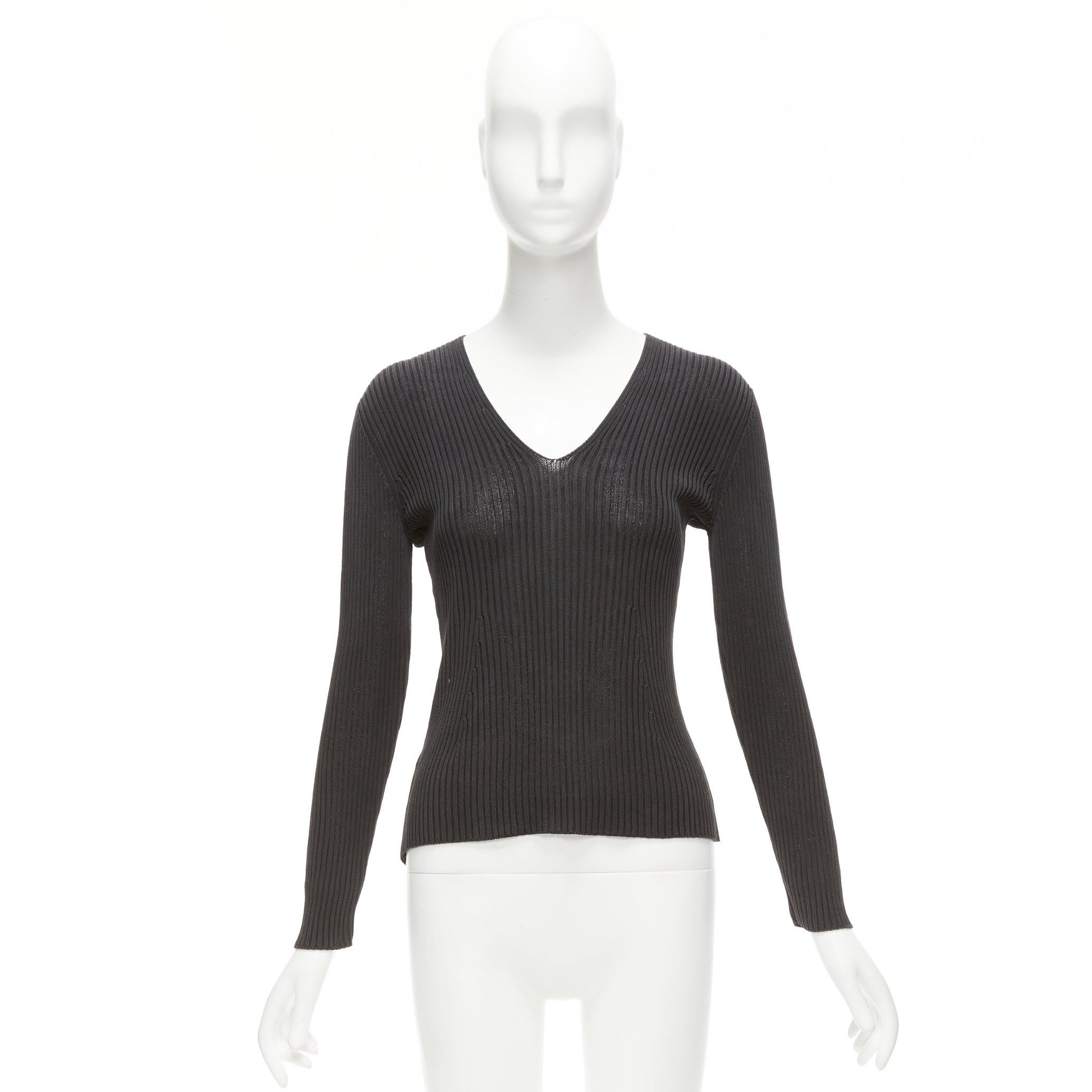 PRADA black 100% silk classic minimal ribbed Vneck long sleeve top IT42 M For Sale 5