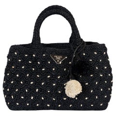 PRADA black 2017 RAFFIA POIS SMALL CANAPA Tote Bag