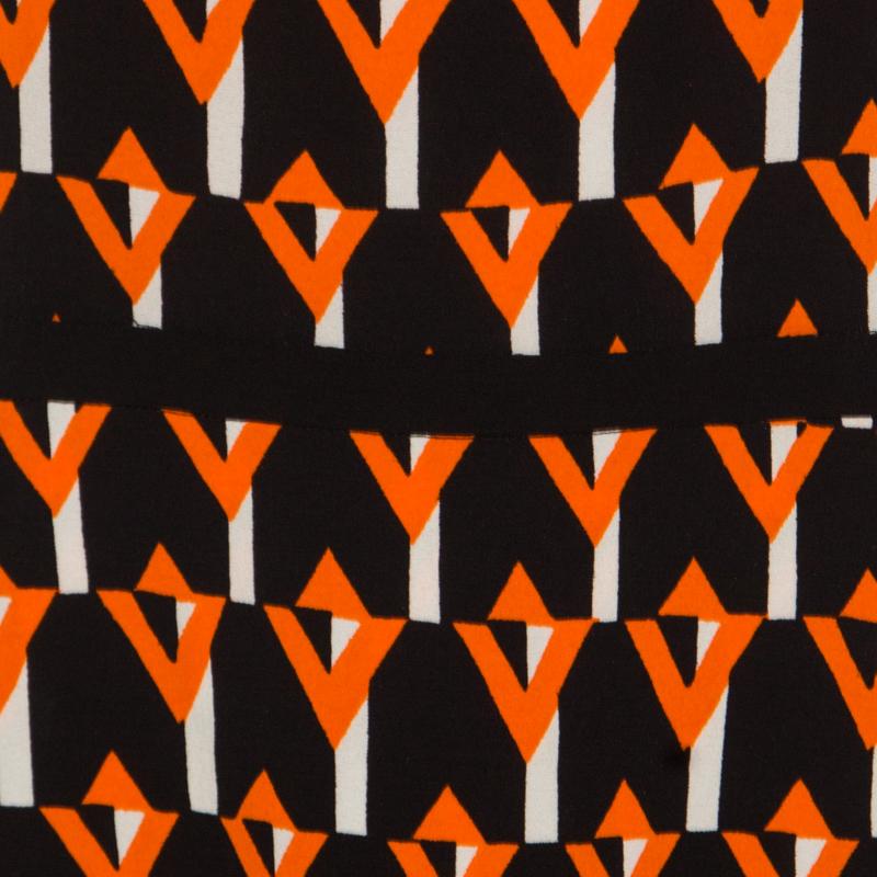 Prada Black and Orange Geometric Printed Crepe Short Sleeve Dress M 2