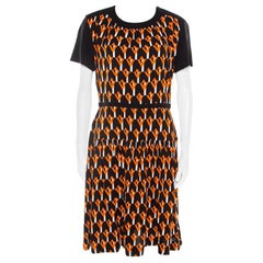 Prada Black and Orange Geometric Printed Crepe Short Sleeve Dress M
