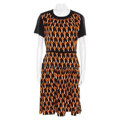Prada Black and Orange Geometric Printed Crepe Short Sleeve Dress M