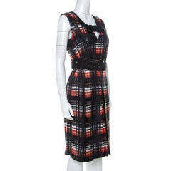 Prada Black and Red Plaid Printed Silk Sleeveless Belted Dress M