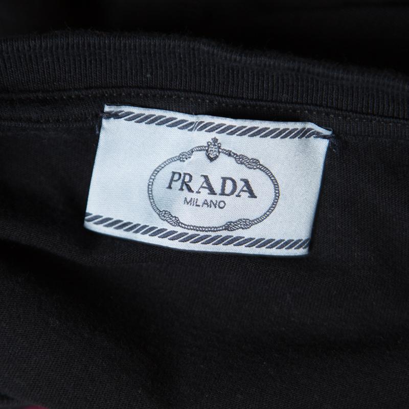 Prada Black and Wine Floral Lace Applique Detail Cotton Crew Neck T Shirt XS 1