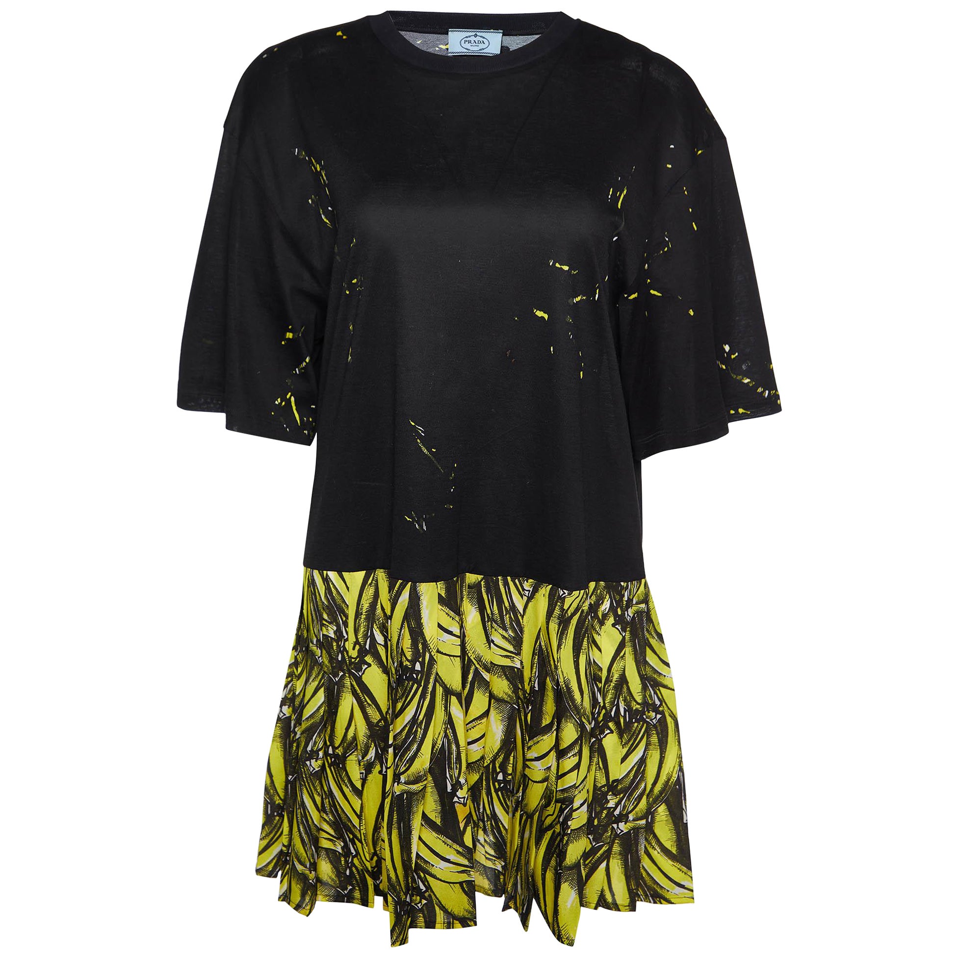 Prada Black Banana Print Cotton Peplum Dress M
