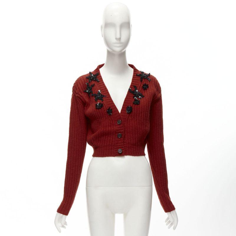 PRADA black beaded floral applique red wool cropped cardigan IT44 L 7