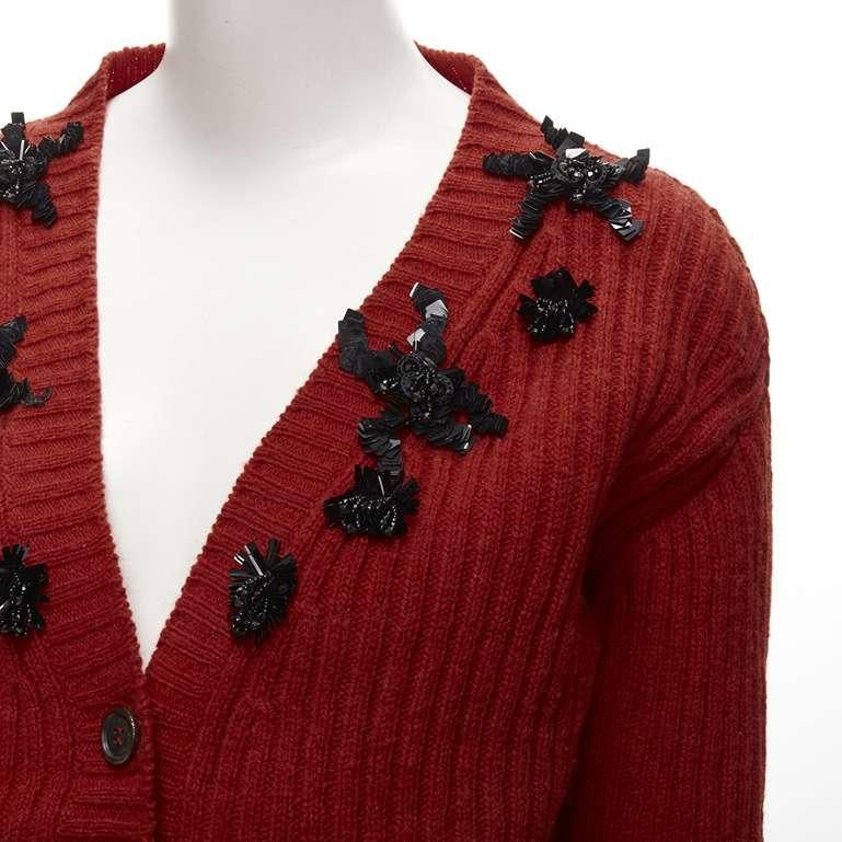 PRADA black beaded floral applique red wool cropped cardigan IT44 L 3