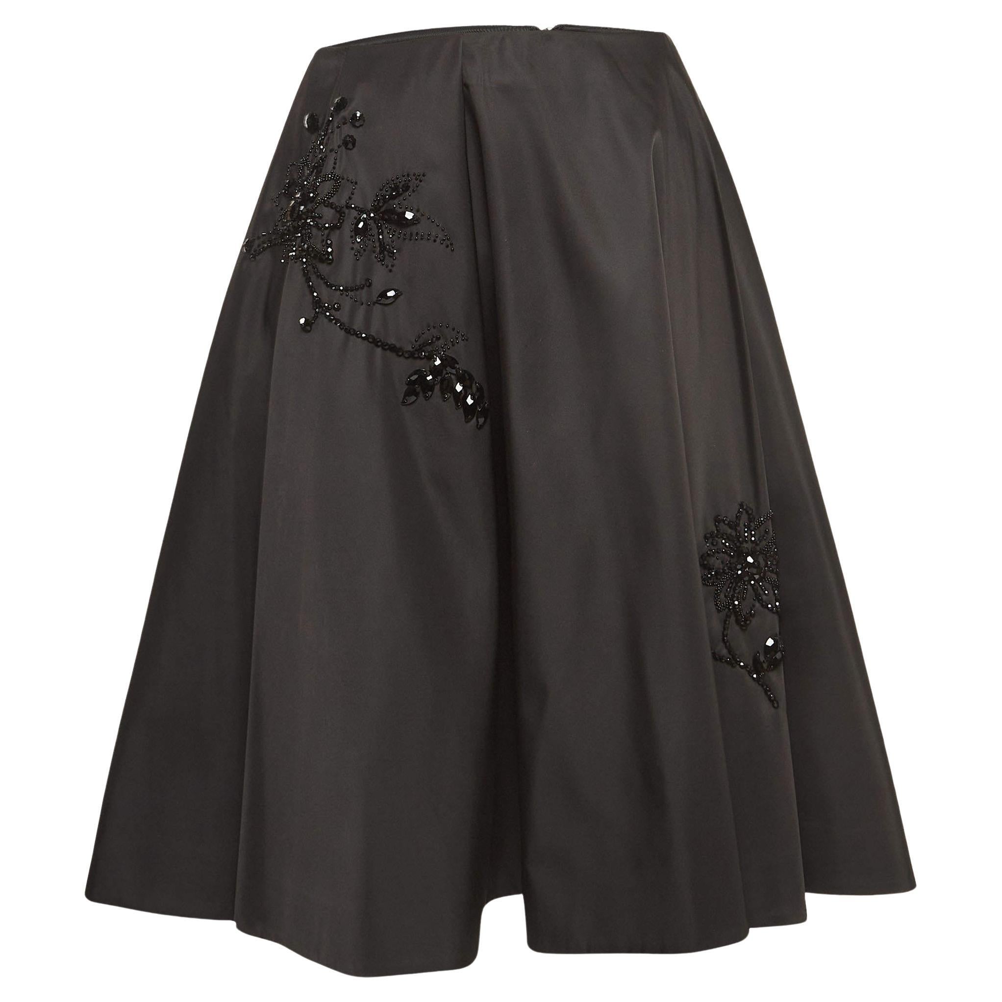 Prada Black Beaded Nylon Pleated Midi Skirt S For Sale