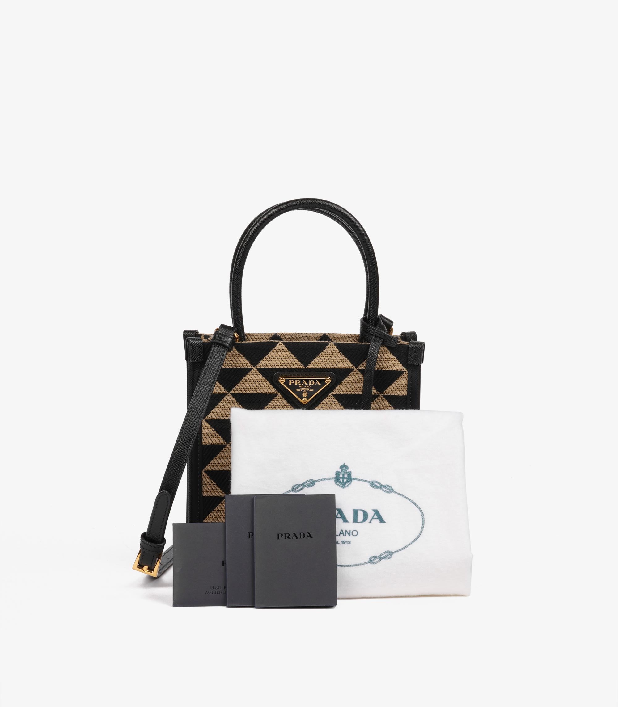 Prada Black, Beige Embroidered Canvas & Black Saffiano Leather Mini Symbole For Sale 6