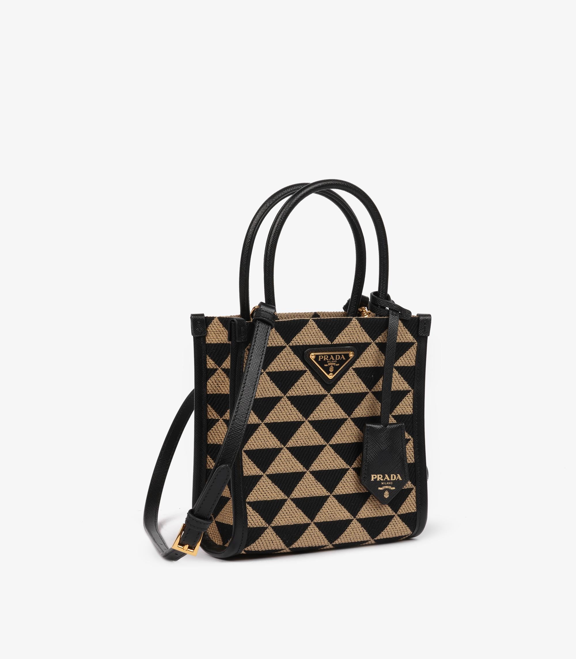 Gray Prada Black, Beige Embroidered Canvas & Black Saffiano Leather Mini Symbole For Sale