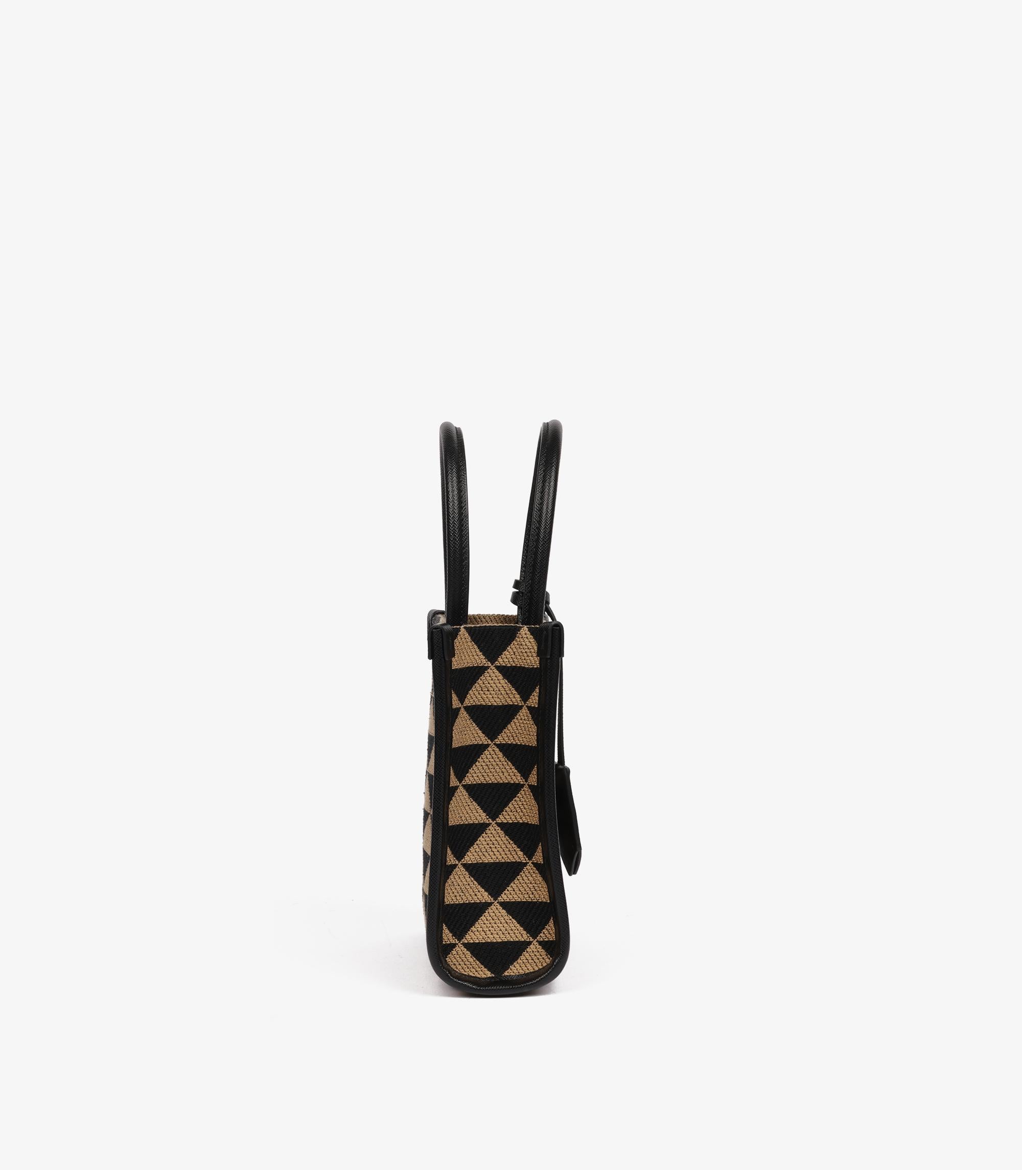 Prada Black, Beige Embroidered Canvas & Black Saffiano Leather Mini Symbole In Excellent Condition For Sale In Bishop's Stortford, Hertfordshire