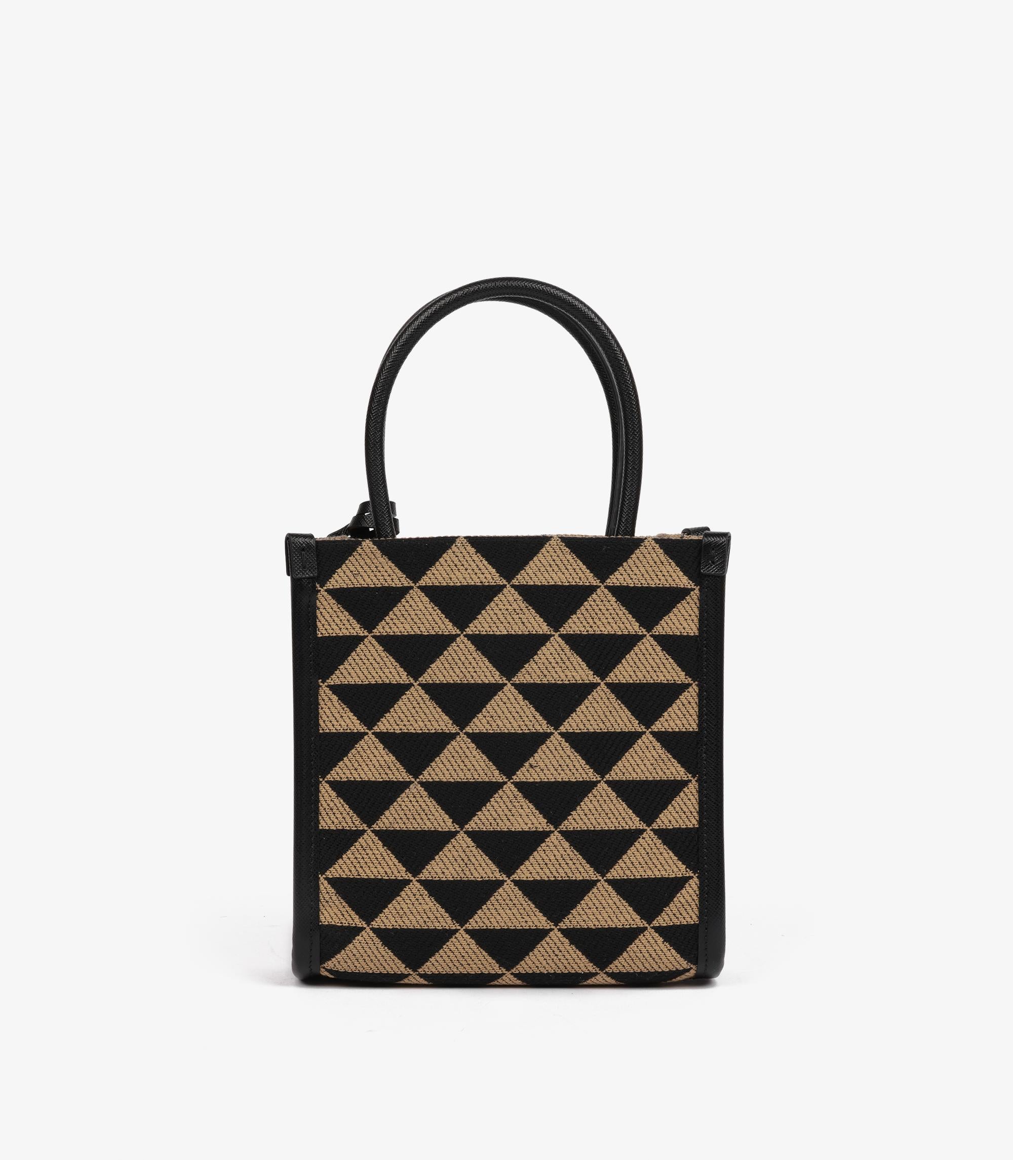 Women's or Men's Prada Black, Beige Embroidered Canvas & Black Saffiano Leather Mini Symbole For Sale